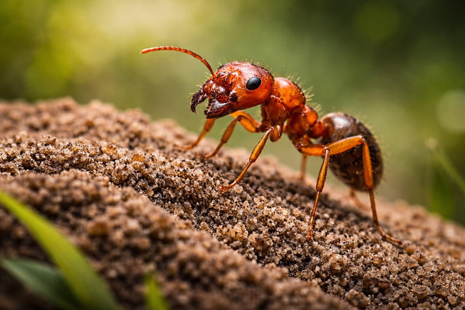 “Macro image of a fire ant on soil mound with visible antennae and mandibles.”